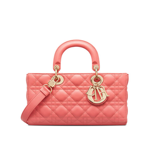 DIOR/迪奧 22新款LADY D-JOY系列 女士珊瑚粉小羊皮藤格紋配金扣單肩斜挎手提戴妃包M0540ONGE_M76P