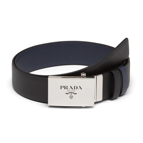 PRADA/普拉達(dá)  男士黑色/海軍藍(lán)摩洛哥皮革和拋光金屬扣雙面腰帶35毫米2CM228_053_F0RD7