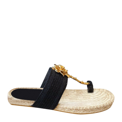 DIOR/迪奧 20春夏款立體金屬玫瑰花夾腳草編精致平跟涼鞋  be