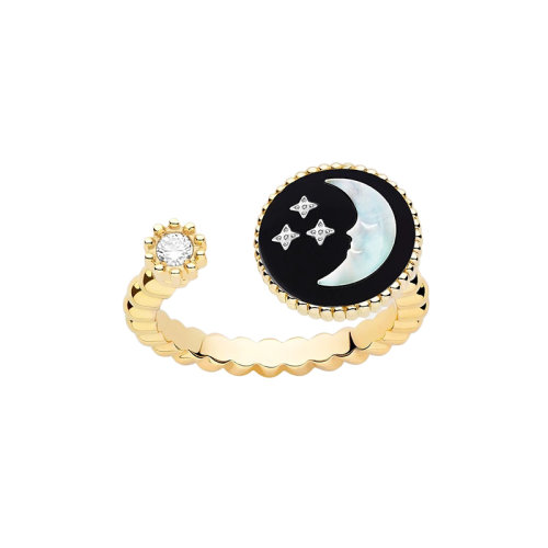 DIOR/迪奧 ROSE CéLESTE系列 18K金黃金和白金鑲嵌鉆和黑色縞瑪瑙白色珍珠貝母月亮戒指 JSAM95012_0000
