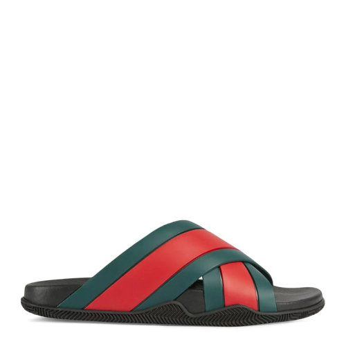 GUCCI/古馳 男士紅綠拼色橡膠經(jīng)典條紋織帶鞋底雙G徽標壓花交叉綁帶露趾平底鞋沙灘鞋涼鞋拖鞋男鞋 630326-J8700-8460