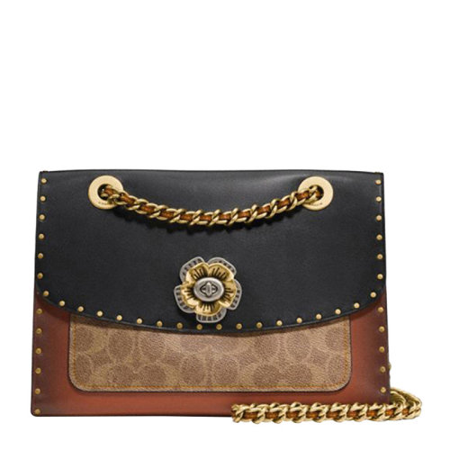 COACH/蔻馳 PARKER系列中號女士卡其配黑色PVC配皮經(jīng)典雙C字母徽標印花鉚釘裝飾山茶花旋扣開合單肩包斜挎包鏈條包女包 C4659B4M2