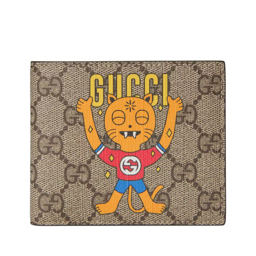 GUCCI/古馳 22新款 男女同款米色/烏木色老花帆布配皮飾小貓印花對(duì)折錢包451268U1GBG8679
