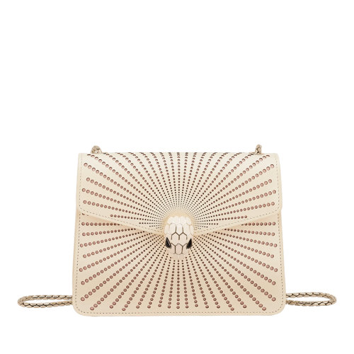 BVLGARI/寶格麗 SERPENTI FOREVER系列 女士象牙白色小牛皮蛇首搭扣漸變鏤空圓點圖案單肩斜挎鏈條包291715