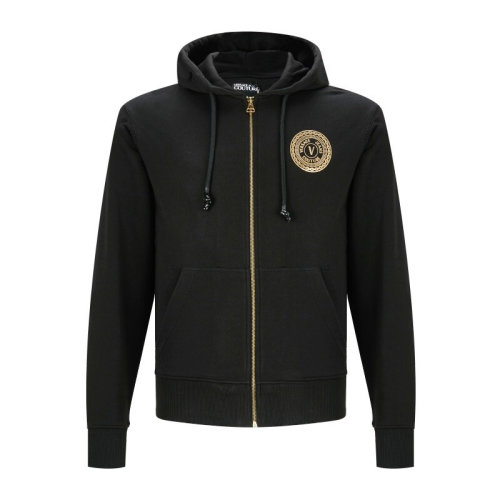VERSACE JEANS/范思哲牛仔 男士黑色棉質(zhì)經(jīng)典字母徽標(biāo)裝飾拉鏈開合長袖上衣外套連帽衫運(yùn)動衫 B7GZA7TY-30318-K42