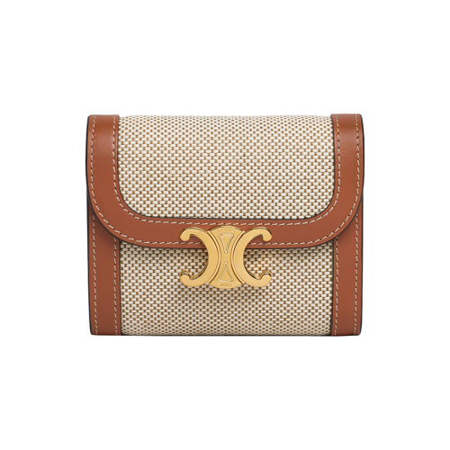 CELINE/賽琳 22新款 TRIOMPHE系列 女士棕褐色/白色小號織物配小牛皮金屬搭扣按扣翻蓋開合錢包10D782CLD.04LV