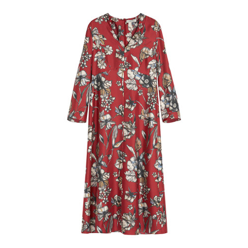 MaxMara/麥絲瑪拉 22年早春新款 ZURCA系列 女士紅色純絲印花斜紋長款連衣裙9221162106002