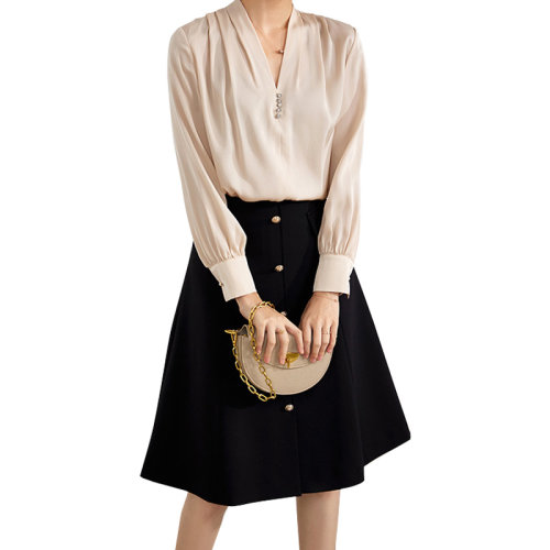 GeleiStory/GeleiStory  新款純色真絲襯衫秋裝小V領(lǐng)桑蠶絲長(zhǎng)袖襯衣百搭氣質(zhì)上衣簡(jiǎn)約通勤   女士長(zhǎng)袖襯衫