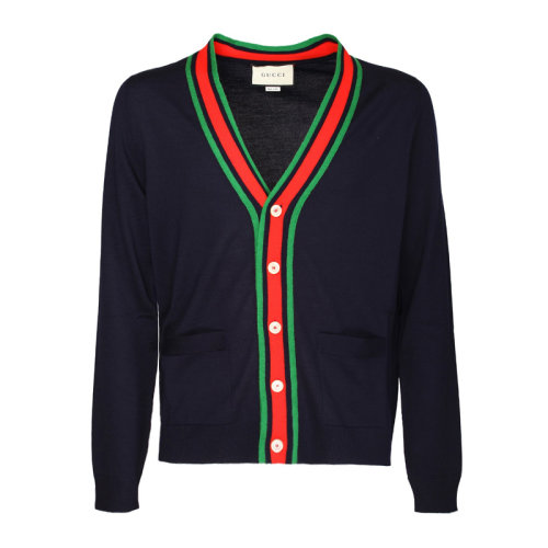 GUCCI/古馳  男裝 服飾 深藍(lán)色羊毛V領(lǐng)時(shí)尚百搭氣質(zhì)開衫外套男士針織衫毛衣