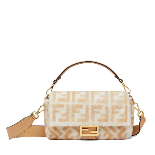 FENDI/芬迪  BAGUETTE系列 女士中號(hào)白色淺棕色FF圖案羊毛磁扣翻蓋手提單肩包8BR600A8HPF1F7K