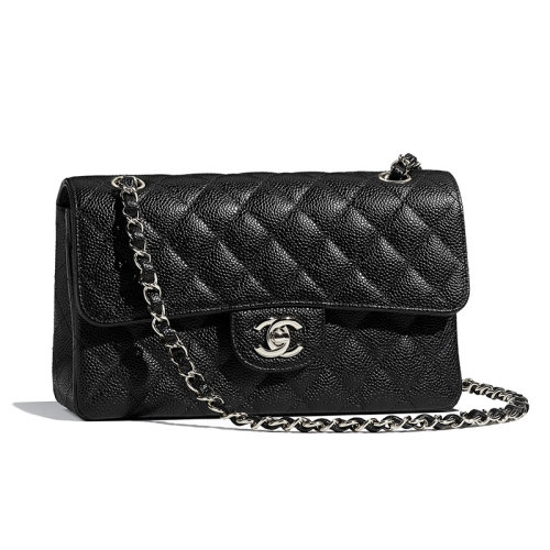 CHANEL/香奈兒 經(jīng)典款classique  小號黑色魚子醬小牛皮銀扣鏈條黑銀單肩包