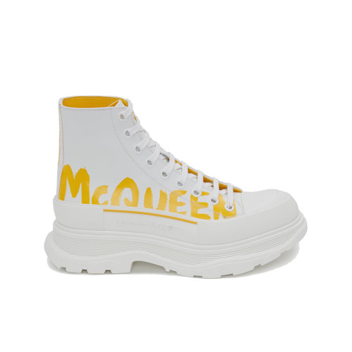 Alexander McQueen/亞歷山大麥昆 22年秋冬新款 Tread Slick系列 男士白色/黃色牛皮革撞色McQueen Graffiti印花高幫系帶鞋運動鞋711109WIAT6