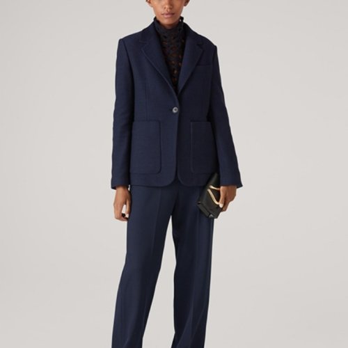 St.John/盛薔藏青色珠地布羊毛針織西裝外套女士夾克K6111A1