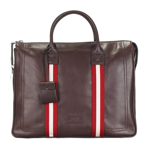 BALLY/巴利 男士棕色牛皮紅白織帶配鎖手拎公文包電腦包男包 6166501