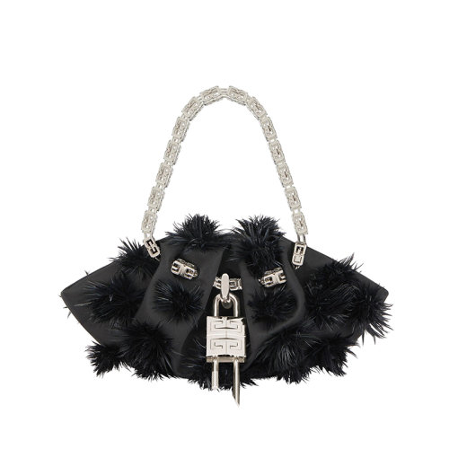 Givenchy/紀(jì)梵希 22新款 Kenny系列 女士黑色緞布羽毛磁性開合拆卸掛鎖銀色立方鏈?zhǔn)直y色飾面金屬手提包BB50NTB1LA-001