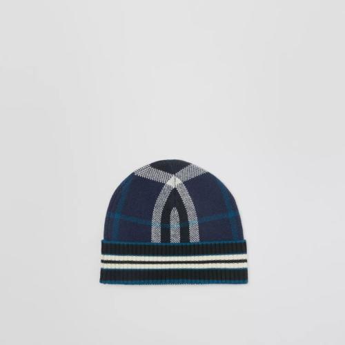  BURBERRY 22年秋冬 男士 格紋拼條紋羊絨帽 80637801