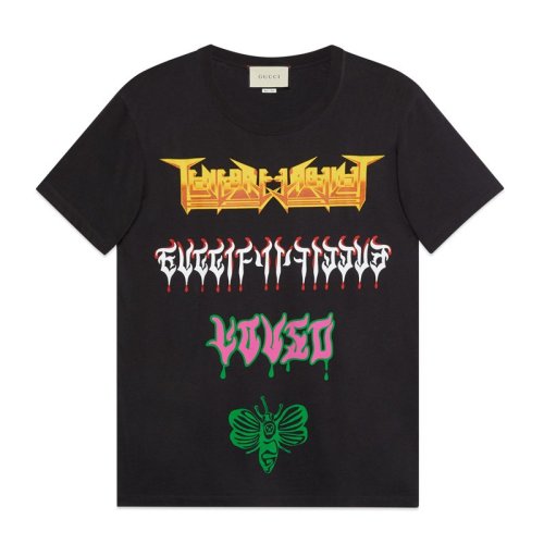 GUCCI/古馳  鹿晗同款 男裝 服裝 超大造型金屬風(fēng)Gucci印花時尚休閑 男士短袖T恤