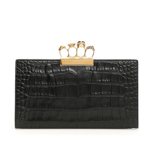 Alexander McQueen/亞歷山大麥昆 女包 骷髏頭 四環(huán) 鱷魚壓紋 女士黑色皮革手拿包 554147DZT0M1000