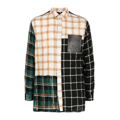 LOEWE/羅意威 男士拼色莫代爾混紡棉質(zhì)對(duì)比色輕質(zhì)格紋長(zhǎng)袖上衣襯衣襯衫 H526Y05W01-9990