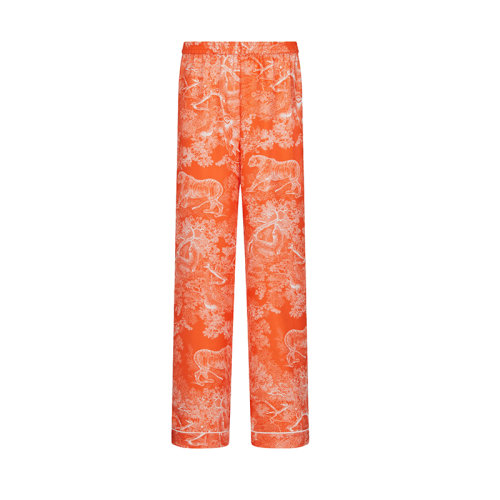 DIOR/迪奧 DIORIVIERA系列 22年秋冬新款 女士熒光橙色桑蠶絲斜紋面料Reverse茹伊印花長(zhǎng)褲241P30F6621_X2826