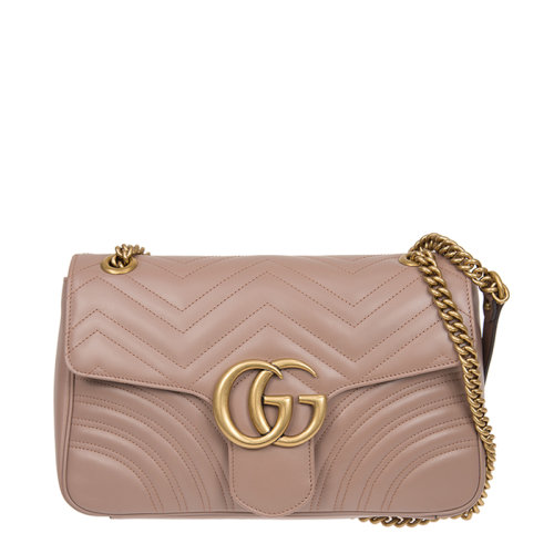 GUCCI/古馳  古琦女包 Marmont系列 經典雙G 波浪紋 女士灰粉色牛皮時尚鏈條翻蓋單肩包 443496 DTD1T 5729