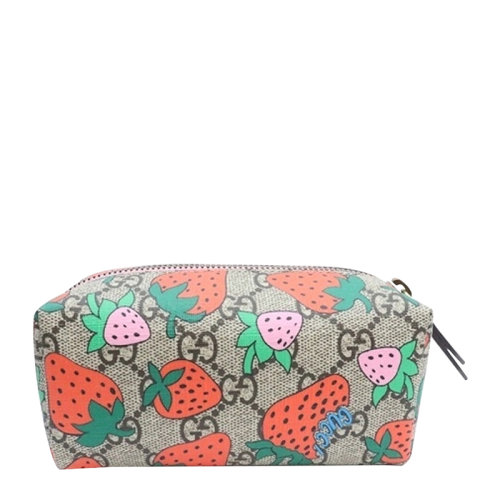 GUCCI/古馳 女士米色/烏木色帆布配皮雙G字母徽標(biāo)印花草莓圖案拉鏈開合手拿包化妝包女包 576217-G3EAT-8483