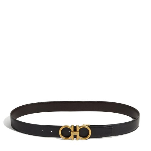 Salvatore Ferragamo/菲拉格慕 男士黑色牛皮古董色澤金屬帶扣商務(wù)休閑雙面皮帶腰帶