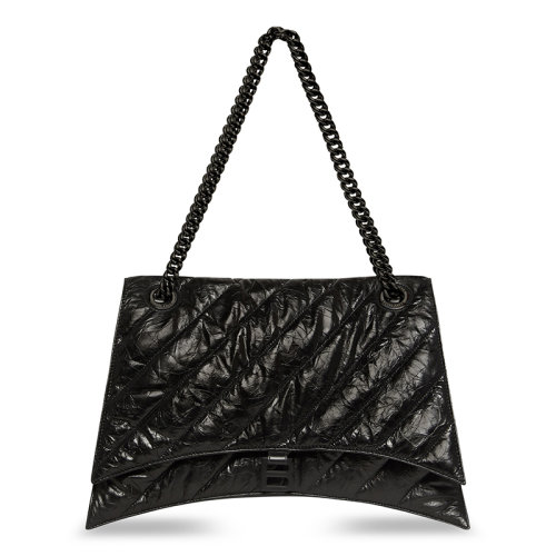 Balenciaga/巴黎世家 22新款 Crush系列 女士大號(hào)黑色粒面絎縫小牛皮復(fù)古啞光黑色標(biāo)志鉚釘磁扣開合單肩斜挎肩背手提包716332210IY1000