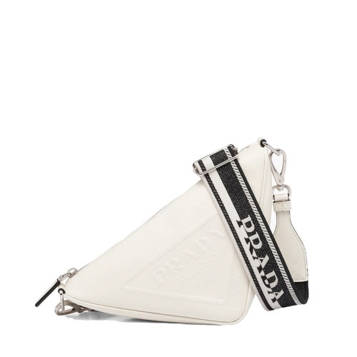 PRADA/普拉達 22年新款 男士白色皮革編織黑色白色肩帶拉鏈可調徽標印花三角形斜挎單肩包2VH5_2FAD_F0009_V_OOO