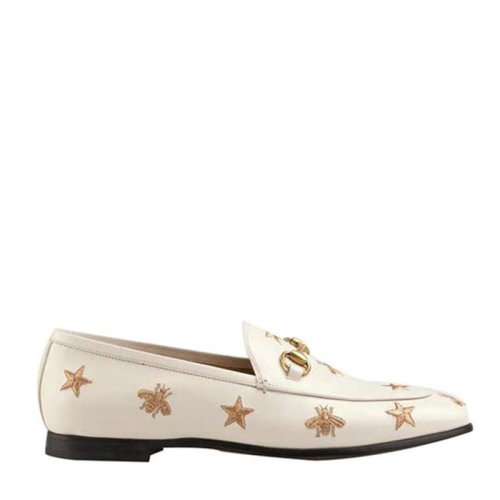 GUCCI/古馳 古奇女鞋 女士白色星星蜜蜂刺繡皮革樂福鞋 505281 D3V00 HC0640