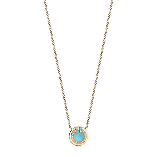 Tiffany & Co./蒂芙尼 經(jīng)典Tiffany T系列 18K金黃金鑲嵌綠松石鉆石圓形吊墜項(xiàng)鏈67520602