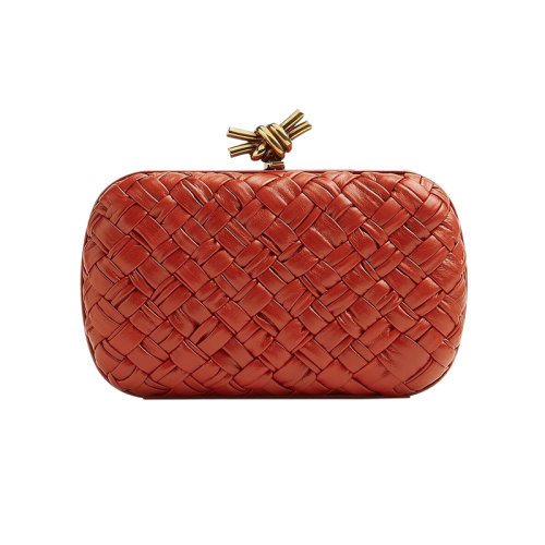 Bottega Veneta/葆蝶家 22新款 女士迷你紅色小牛皮帶褶皺Intrccio圖案磁性框架開合黃銅飾面手拿包717622V2H416303