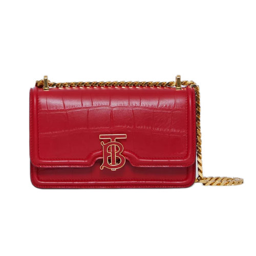 BURBERRY/博柏利 22新款 女士胭脂紅色鱷魚紋路壓紋皮革金色飾面翻蓋開合調節(jié)金色鏈帶肩背斜挎包80566841