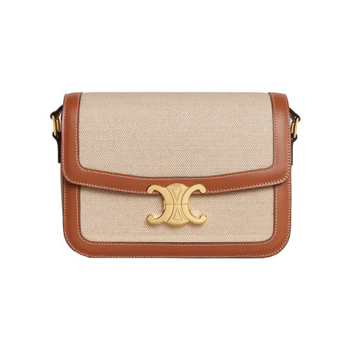 CELINE/賽琳 23春夏新款 女士自然色/棕褐色織物配皮金色金屬搭扣翻蓋開合單肩斜挎包191242EGC.02NT