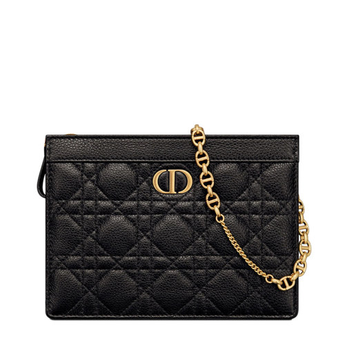 DIOR/迪奧 CARO系列 女士黑色柔軟牛皮革藤格紋細(xì)長(zhǎng)款單肩斜挎鏈條手拿包S5106UWHC_M900