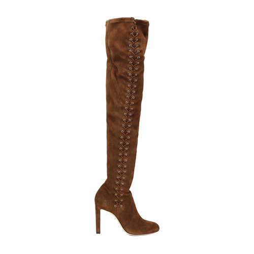 Jimmy Choo/周仰杰 棕色麂皮-綁帶裝飾 細(xì)跟 過膝靴 MARIE100UDU CEDAR CEDAR