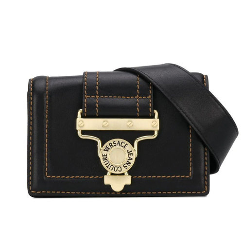 VERSACE JEANS/范思哲牛仔  女包女士黑色皮革時尚百搭牛頭扣斜挎包單肩包   EE1VVBBS4-E71493-E899