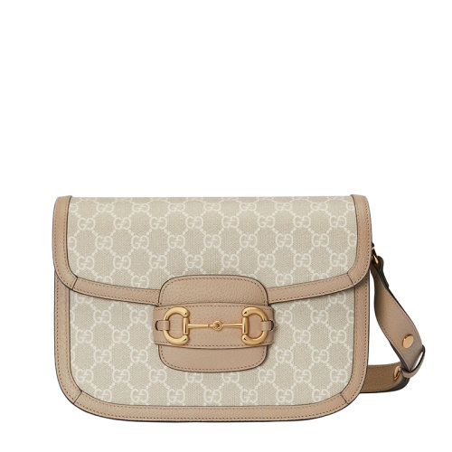 GUCCI/古馳 22春夏新款1955系列 女士小號米白色老花帆布皮革滾邊馬銜金扣翻蓋郵差單肩包602204UULBG9683