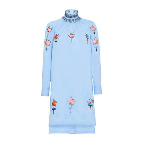 PRADA/普拉達 淺藍色 女士秀款花卉刺繡高領襯衫連衣裙 P39R5R_1VUY_F0ZPY_S_201