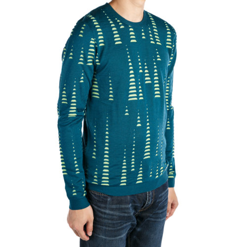 VERSACE/范思哲 男士湖藍(lán)色羊毛混紡粘膠纖維印花裝飾圓領(lǐng)長(zhǎng)袖上衣毛衣套頭衫 V700518-0088-V458