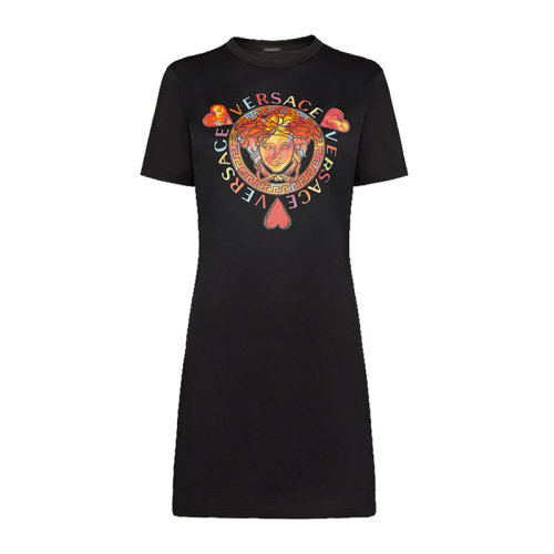 VERSACE/范思哲 女士黑色棉質(zhì)經(jīng)典彩色字母徽標(biāo)美杜莎頭像裝飾長(zhǎng)款短袖T恤連衣裙 A83863-A201952-A1008