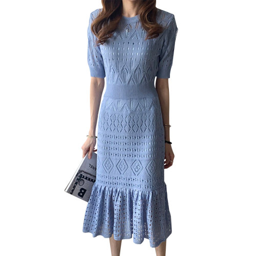 GeleiStory/GeleiStory 韓版荷葉邊鏤空冰絲針織連衣裙女兩件套修身包臀裙收腰顯瘦裙子 女士連衣裙