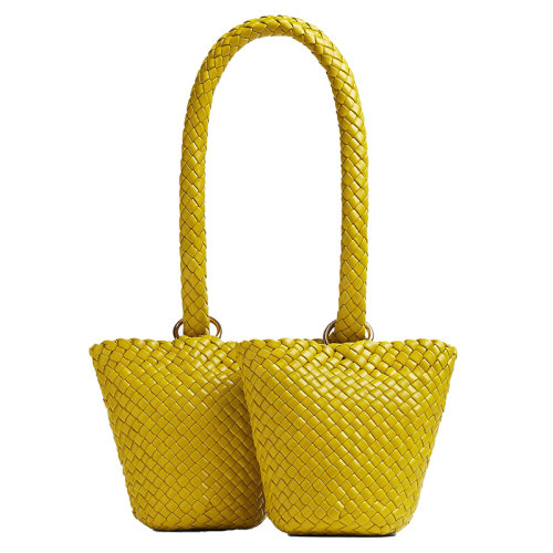 Bottega Veneta/葆蝶家 22新款 女士花粉黃色羔羊皮帶Intreccio圖案絎縫金屬環(huán)滑動(dòng)肩帶抽繩內(nèi)袋黃銅飾面雙水桶單肩包716929V01D07341