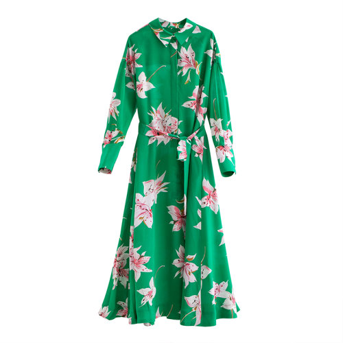 GeleiStory/GeleiStory 春季新款 系帶印花桑蠶絲長袖襯衫裙真絲印花連衣裙 女士裙裝＞女士連衣裙