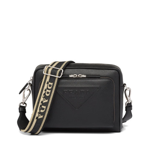 PRADA/普拉達 22年新款 男士黑色皮革壓花刺繡織帶徽標拉鏈多層單肩包2VH2_2FAD_F0002_V_OOO