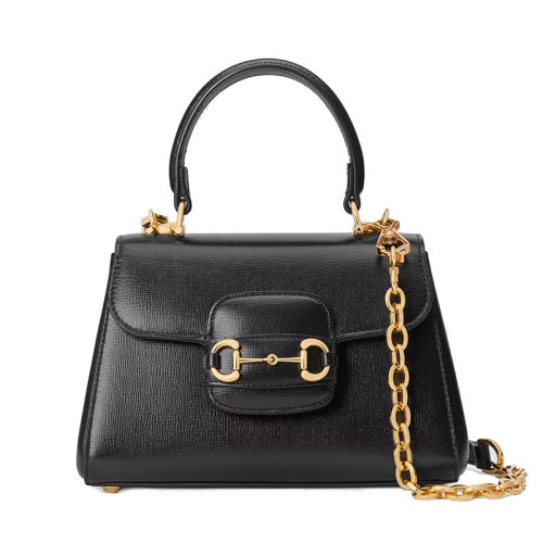 GUCCI/古馳 22新款Horsebit 1955系列 女士迷你黑色皮革馬銜扣金扣金鏈單肩手提T型鏈條包703848AAA7G1000