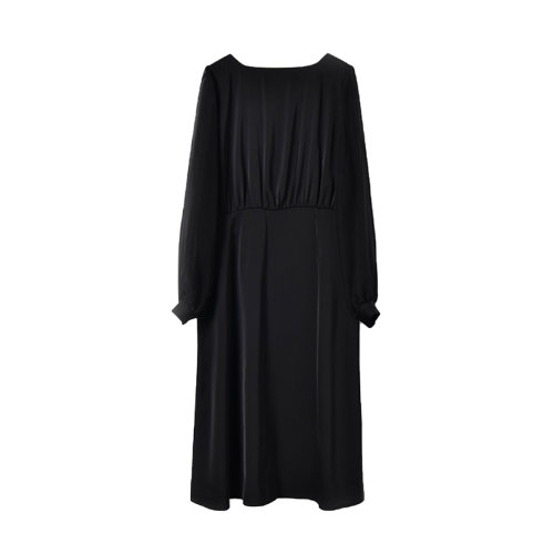 GeleiStory/GeleiStory 春夏優(yōu)雅氣質(zhì)網(wǎng)紗拼接一字領(lǐng)中長款黑色女腰帶連衣裙 女裝＞女士裙裝＞女士連衣裙