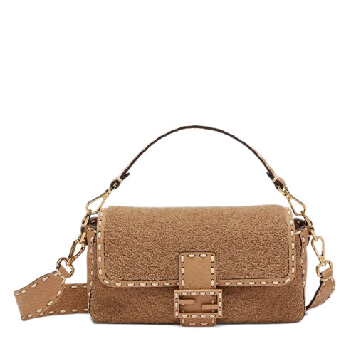 FENDI/芬迪  BAGUETTE系列 女士中號(hào)淺褐色羊毛配皮翻蓋斜挎單肩手提法棍包8BR600AH96F1F7O