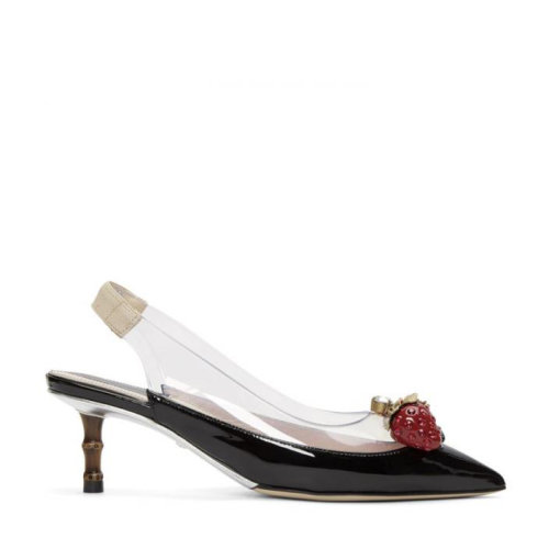 GUCCI/古馳立體水鉆透明pvc拼黑色漆皮中跟涼鞋     be 女鞋