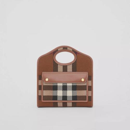  BURBERRY 22年秋冬 女士 迷你格紋針織拼皮革口袋包 80491381